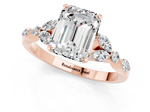 Rose gold Emerald Cut Moissanite Solitaire Ring with Side Stones and Four-Prong Setting_13