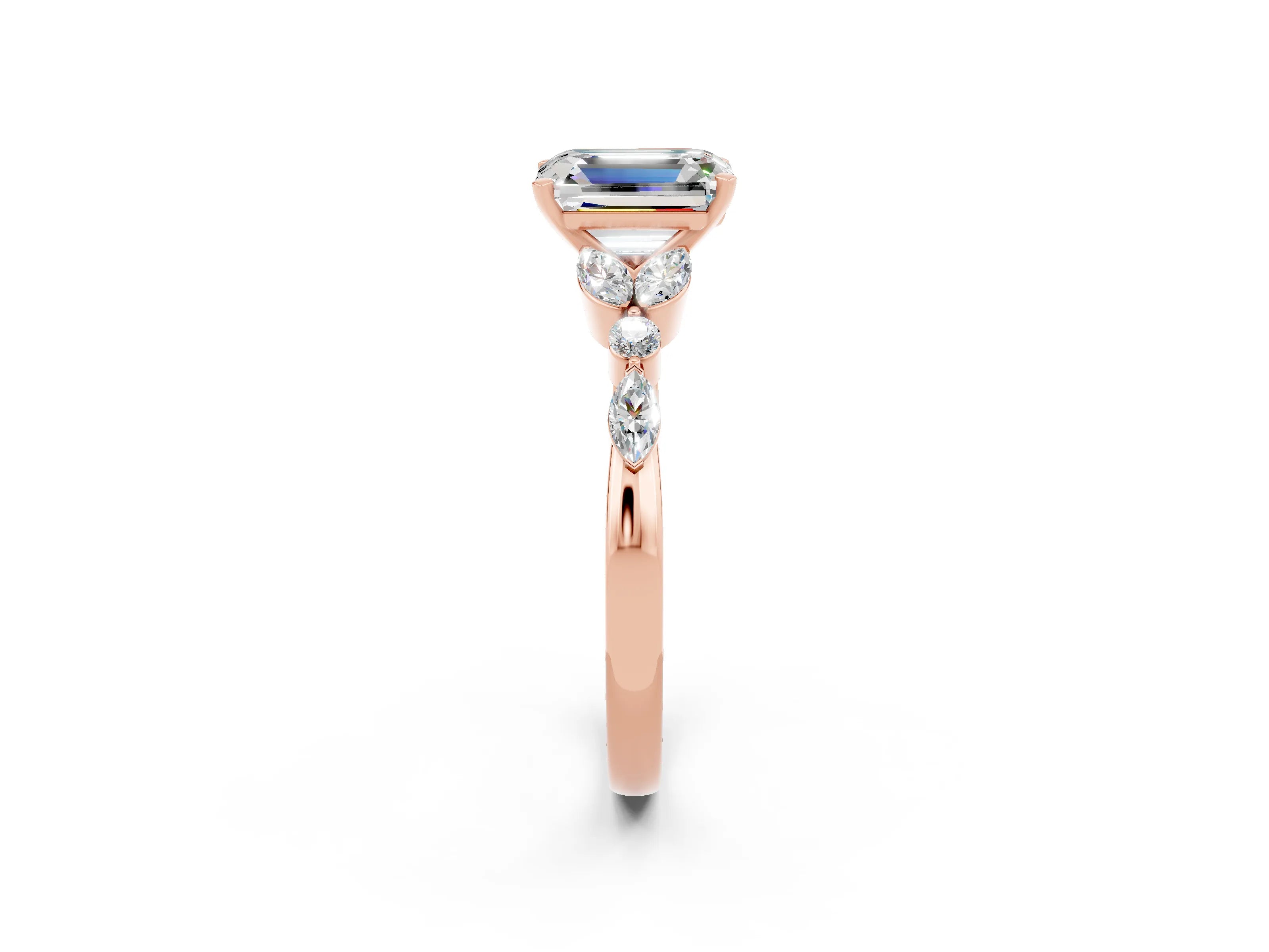 Rose gold Emerald Cut Moissanite Solitaire Ring with Side Stones and Four-Prong Setting_14