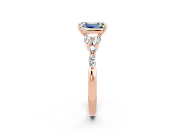 Rose gold Emerald Cut Moissanite Solitaire Ring with Side Stones and Four-Prong Setting