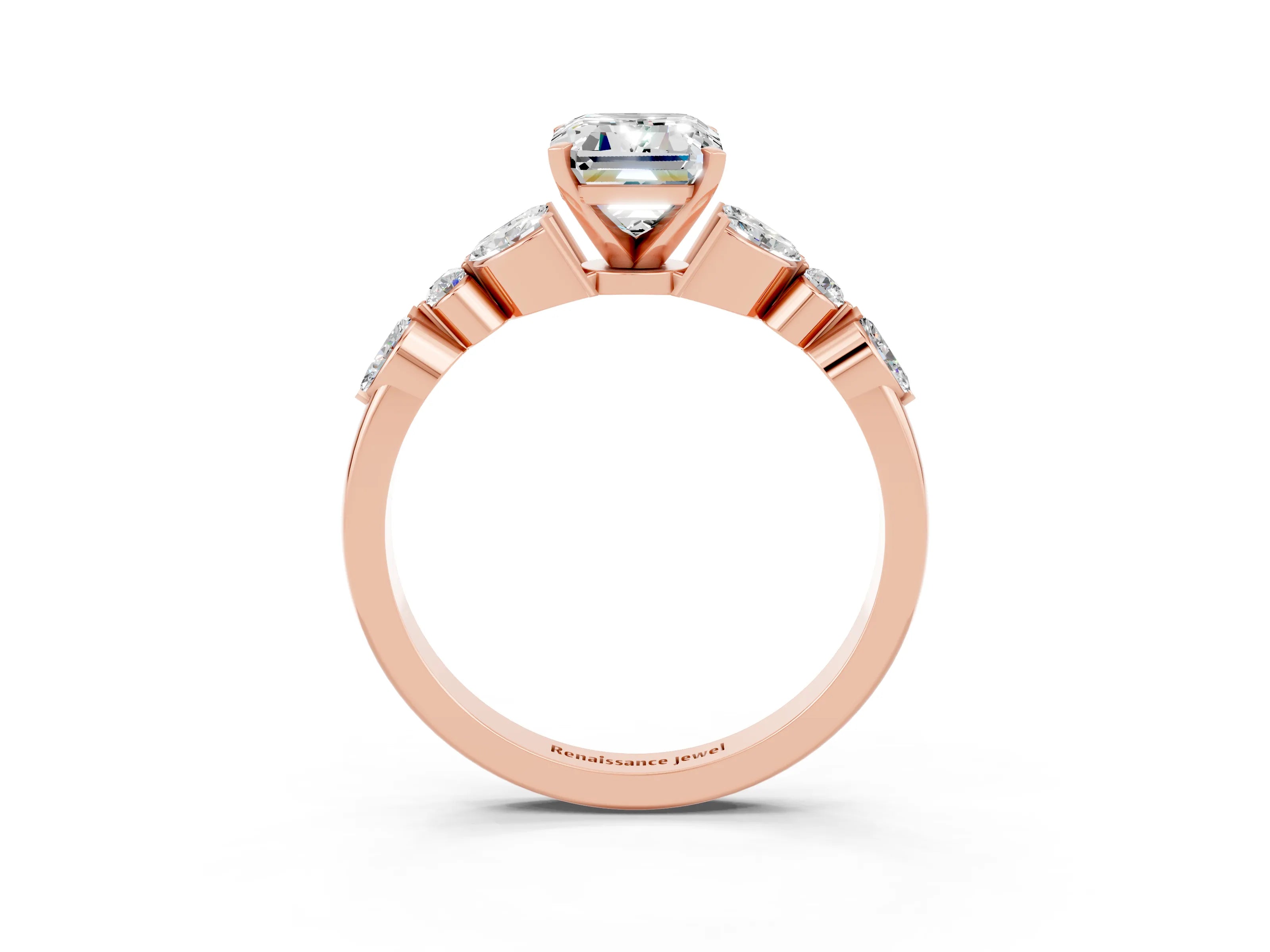 Rose gold Emerald Cut Moissanite Solitaire Ring with Side Stones and Four-Prong Setting_15