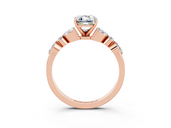 Rose gold Emerald Cut Moissanite Solitaire Ring with Side Stones and Four-Prong Setting