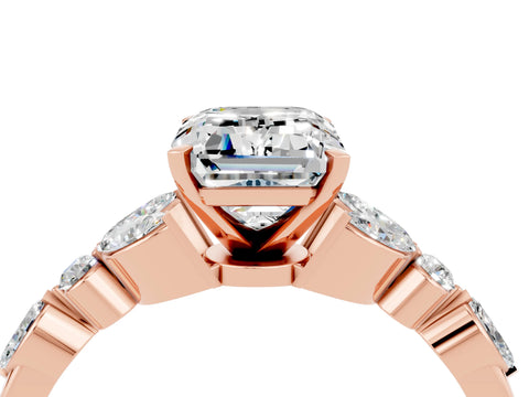 Rose gold Emerald Cut Moissanite Solitaire Ring with Side Stones and Four-Prong Setting_16