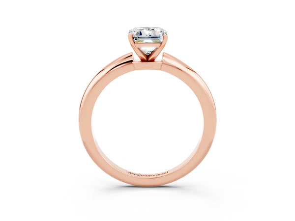 Rose gold Emerald Cut Moissanite Solitaire Ring with Six-Prong Setting and Classic Band