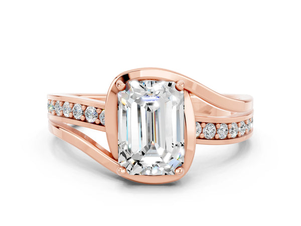Rose gold Emerald Cut Moissanite Solitaire Ring with Split Shank and Prong Setting