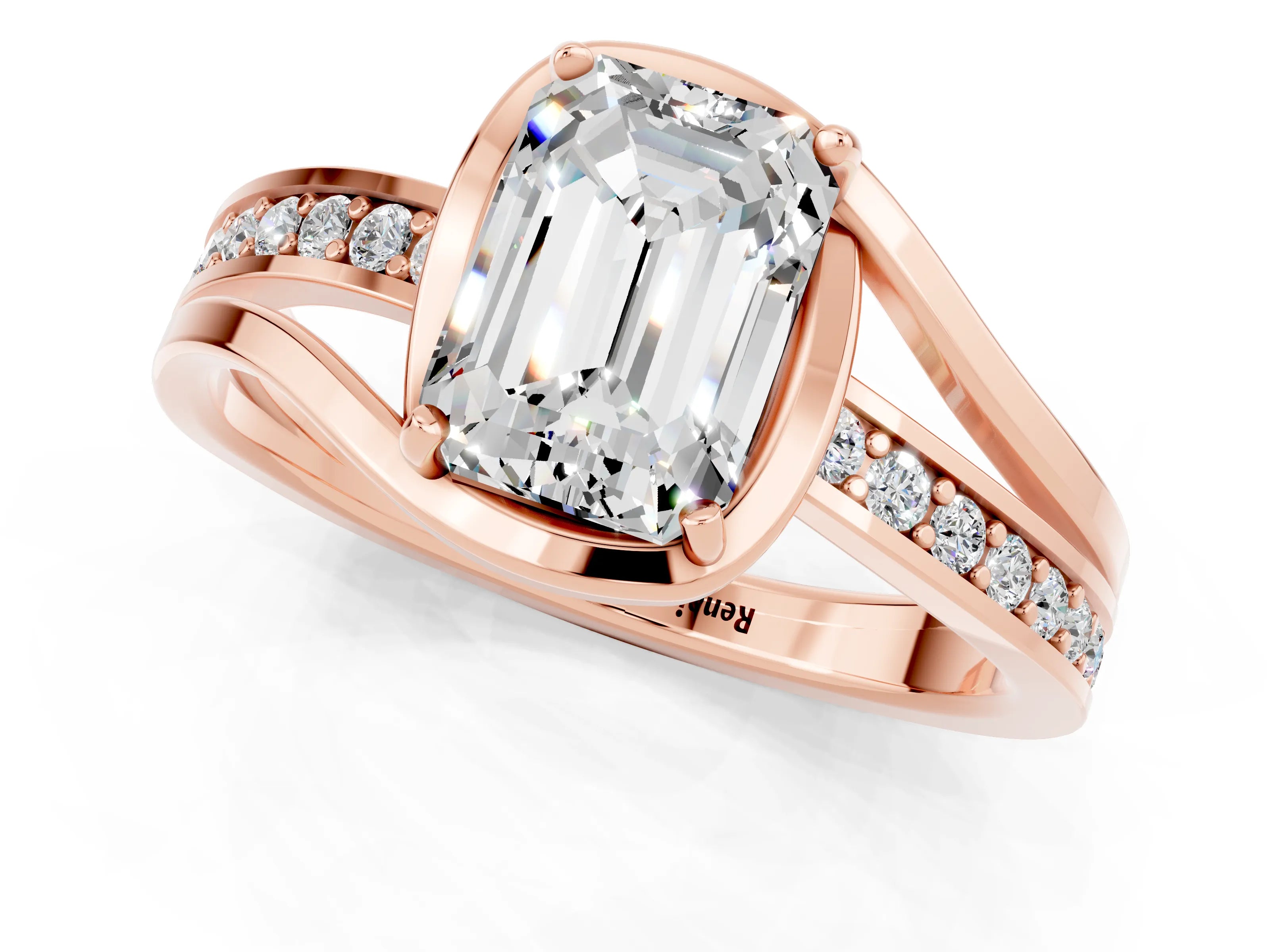 Rose gold Emerald Cut Moissanite Solitaire Ring with Split Shank and Prong Setting_1