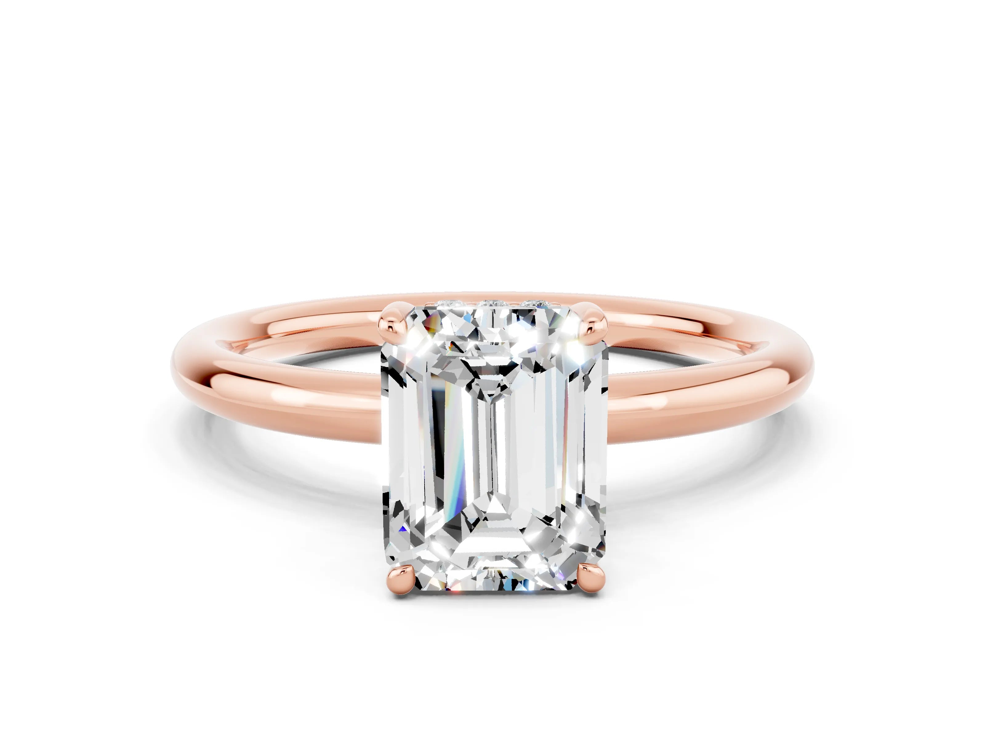 Rose gold Emerald Cut Moissanite Solitaire Ring with Thin Band and Four-Prong Setting