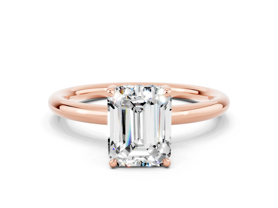 Rose gold Emerald Cut Moissanite Solitaire Ring with Thin Band and Four-Prong Setting