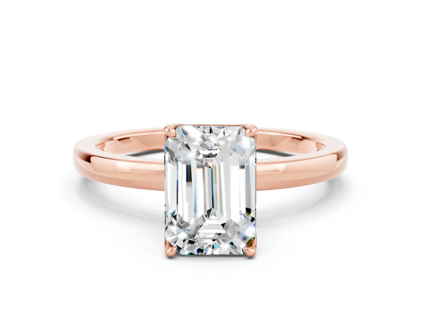 Rose gold Emerald Cut Moissanite Solitaire Ring with Thin Band and Prong Setting