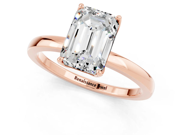 Rose gold Emerald Cut Moissanite Solitaire Ring with Thin Band and Prong Setting