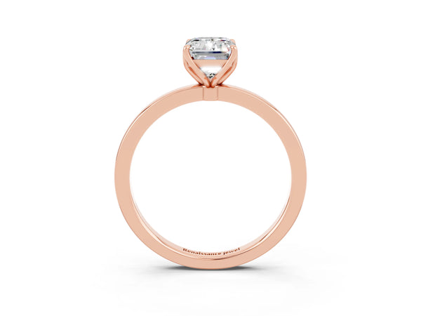 Rose gold Emerald Cut Moissanite Solitaire Ring with Thin Band and Prong Setting
