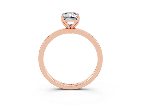 Rose gold Emerald Cut Moissanite Solitaire Ring with Thin Band and Prong Setting