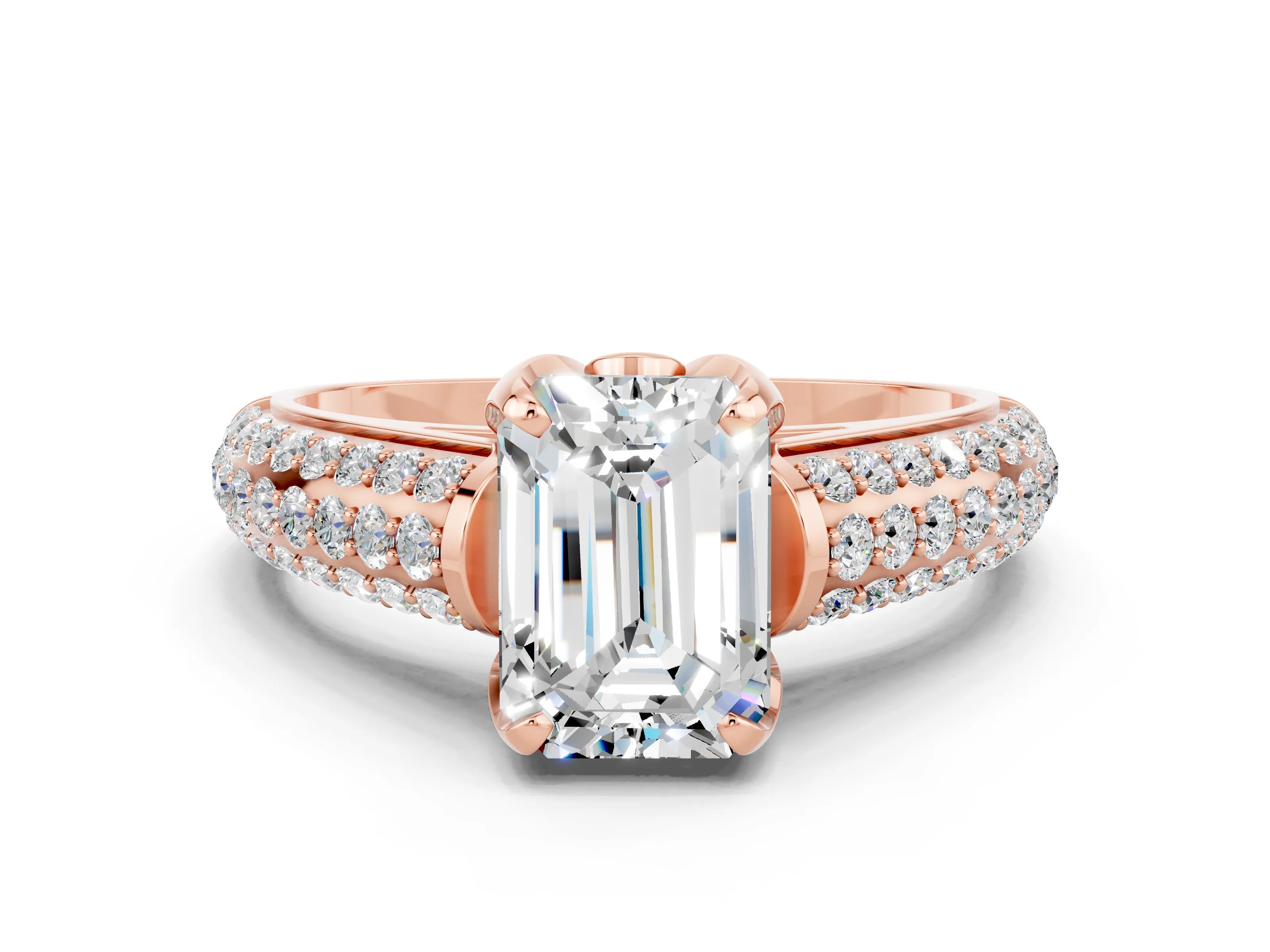 Rose gold Emerald Cut Moissanite Solitaire Ring with Three-Row Pavé Band and Four-Prong Setting_12