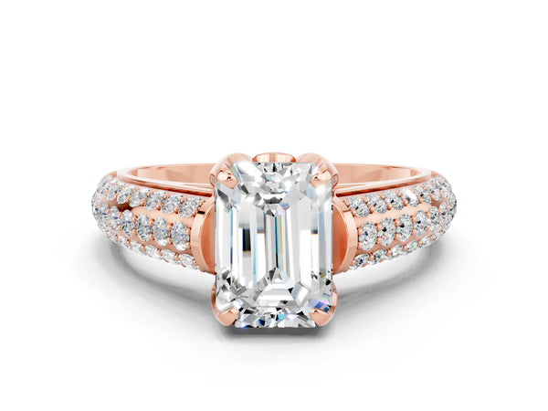 Rose gold Emerald Cut Moissanite Solitaire Ring with Three-Row Pavé Band and Four-Prong Setting