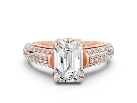 Rose gold Emerald Cut Moissanite Solitaire Ring with Three-Row Pavé Band and Four-Prong Setting_12