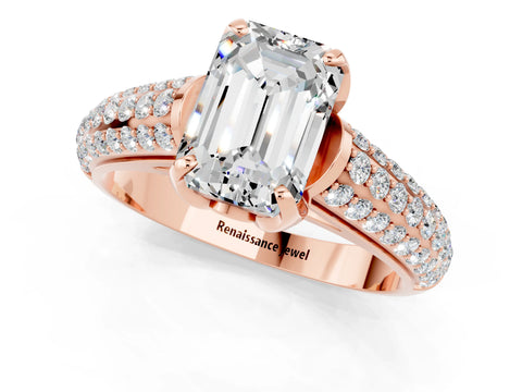Rose gold Emerald Cut Moissanite Solitaire Ring with Three-Row Pavé Band and Four-Prong Setting_13