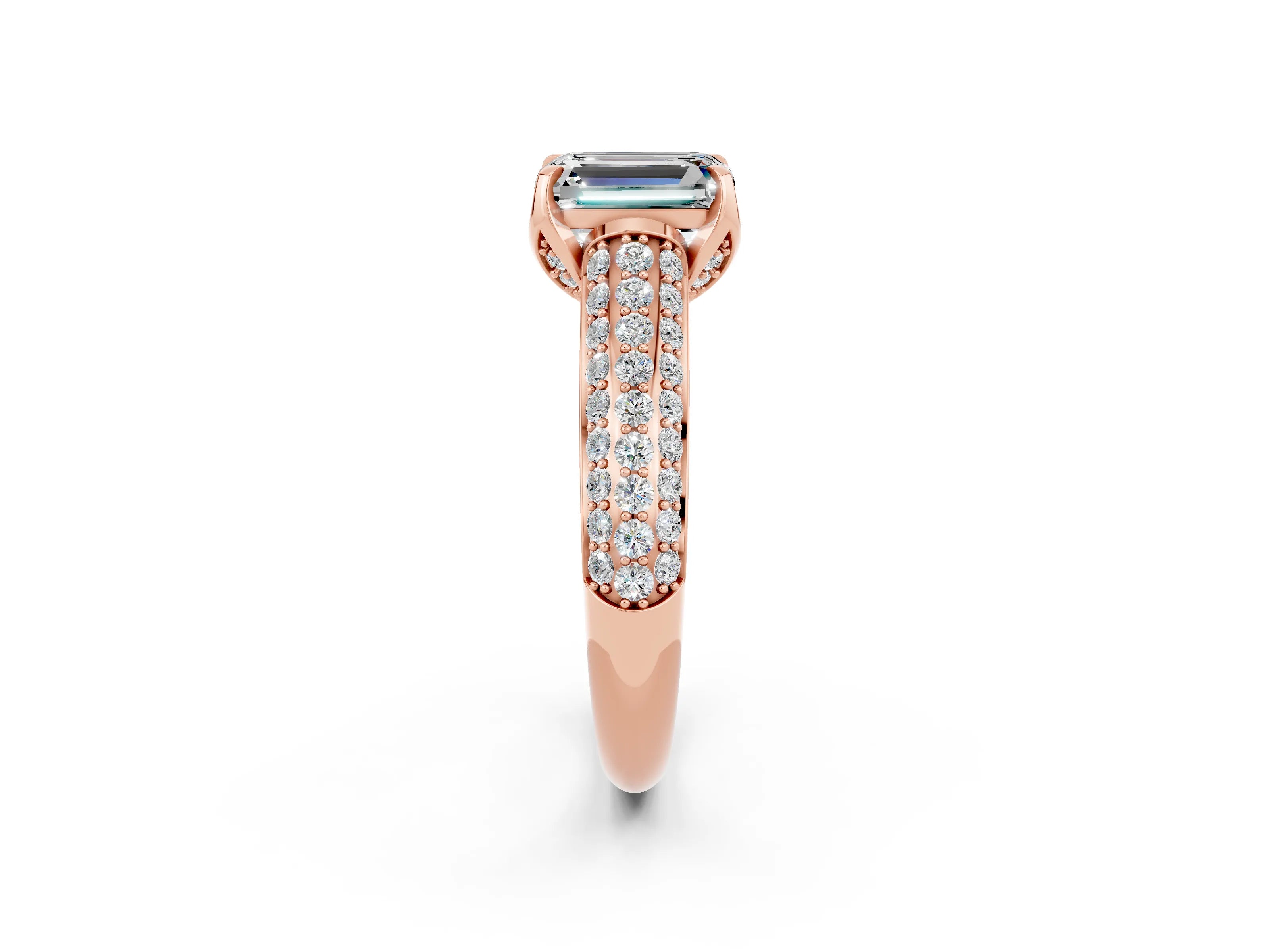Rose gold Emerald Cut Moissanite Solitaire Ring with Three-Row Pavé Band and Four-Prong Setting_14