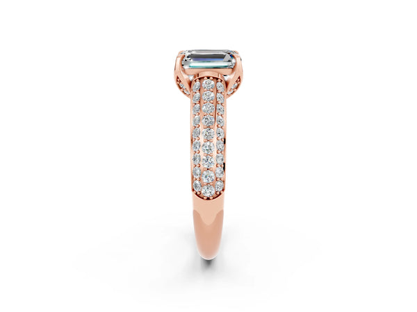 Rose gold Emerald Cut Moissanite Solitaire Ring with Three-Row Pavé Band and Four-Prong Setting