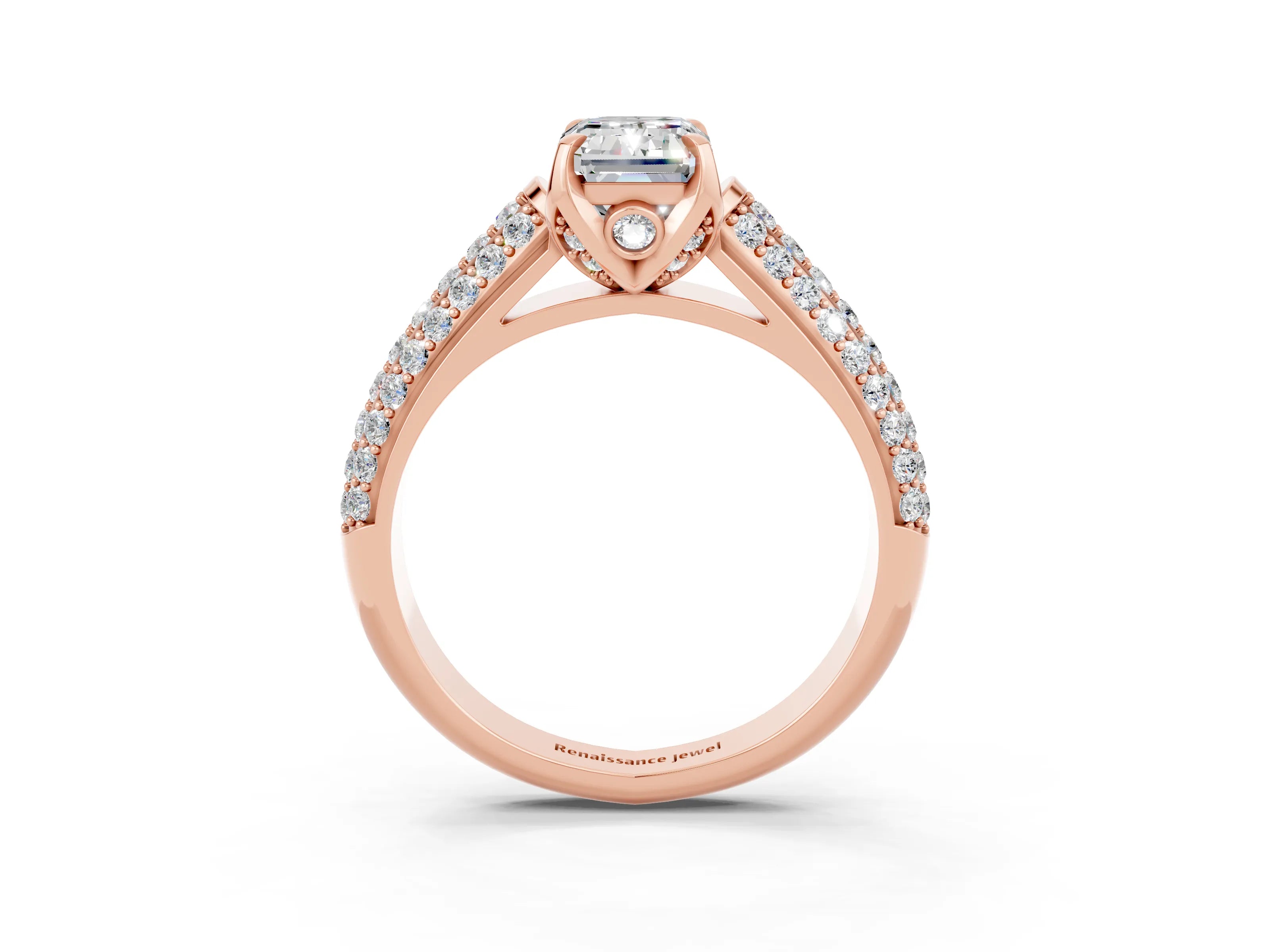 Rose gold Emerald Cut Moissanite Solitaire Ring with Three-Row Pavé Band and Four-Prong Setting_15