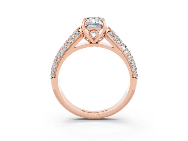 Rose gold Emerald Cut Moissanite Solitaire Ring with Three-Row Pavé Band and Four-Prong Setting