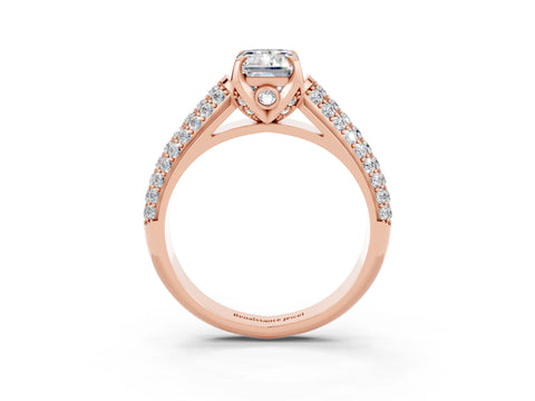 Rose gold Emerald Cut Moissanite Solitaire Ring with Three-Row Pavé Band and Four-Prong Setting_15