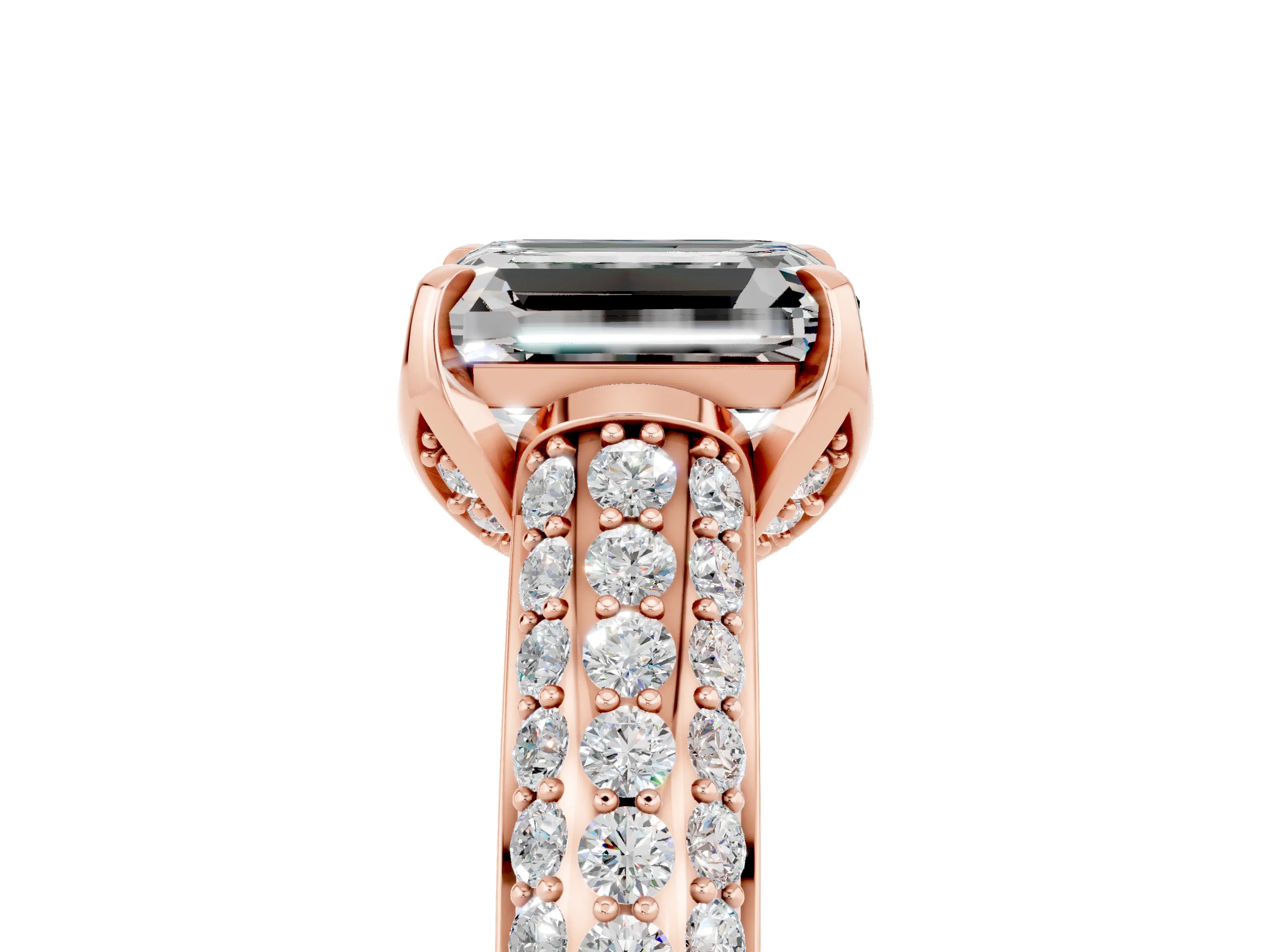 Rose gold Emerald Cut Moissanite Solitaire Ring with Three-Row Pavé Band and Four-Prong Setting_17
