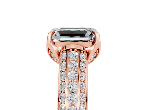 Rose gold Emerald Cut Moissanite Solitaire Ring with Three-Row Pavé Band and Four-Prong Setting_17