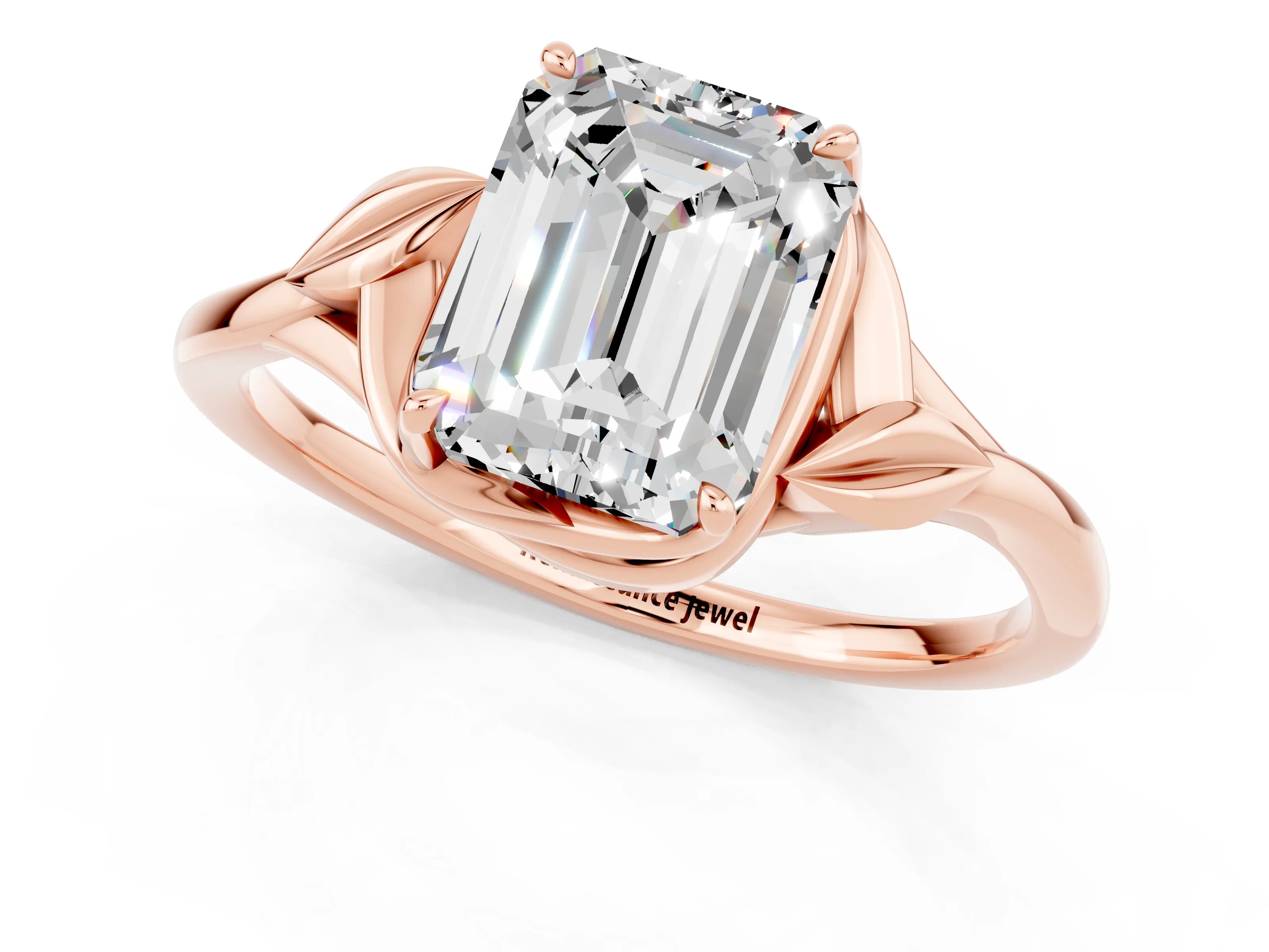 Rose gold Emerald Cut Moissanite Solitaire Ring with Twist Band and Four-Prong Setting_25