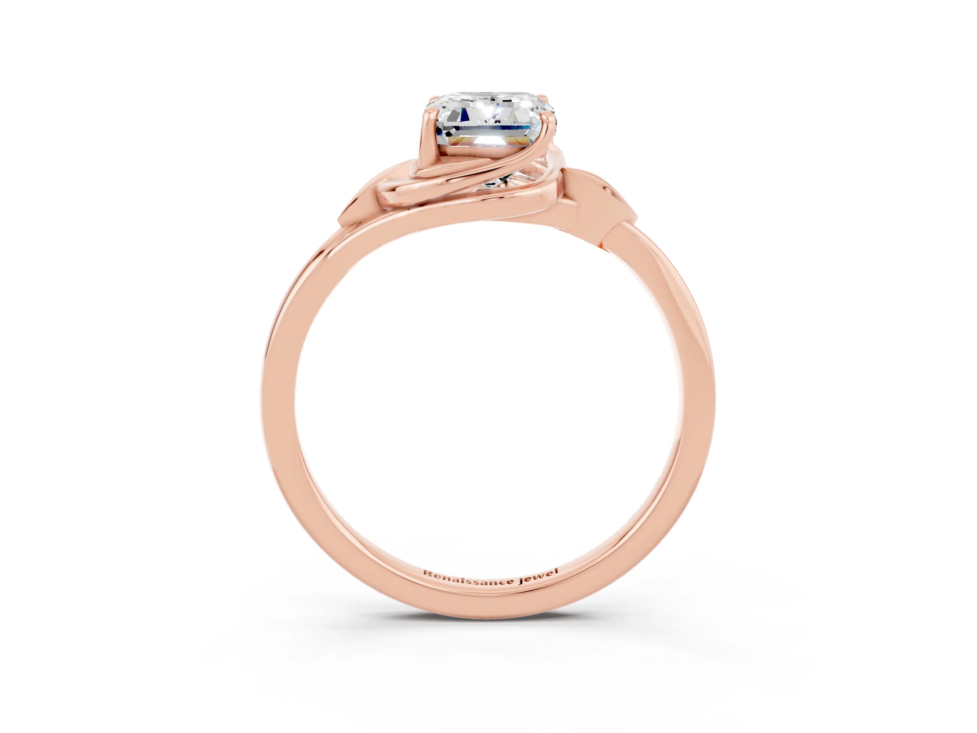 Rose gold Emerald Cut Moissanite Solitaire Ring with Twist Band and Four-Prong Setting_27