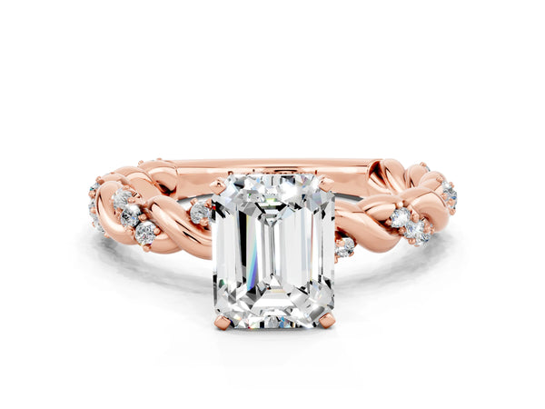 Rose gold Emerald Cut Moissanite Solitaire Ring with Twisted Band and Pavé Accents