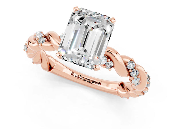 Rose gold Emerald Cut Moissanite Solitaire Ring with Twisted Band and Pavé Accents