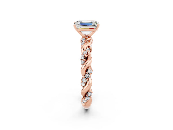 Rose gold Emerald Cut Moissanite Solitaire Ring with Twisted Band and Pavé Accents
