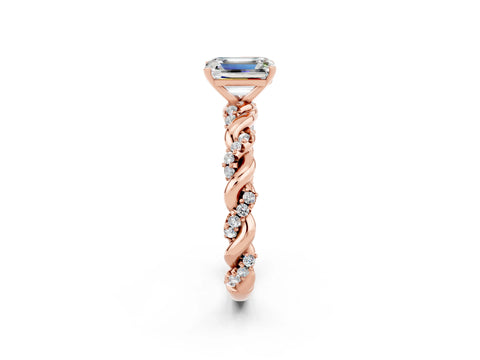 Rose gold Emerald Cut Moissanite Solitaire Ring with Twisted Band and Pavé Accents_2
