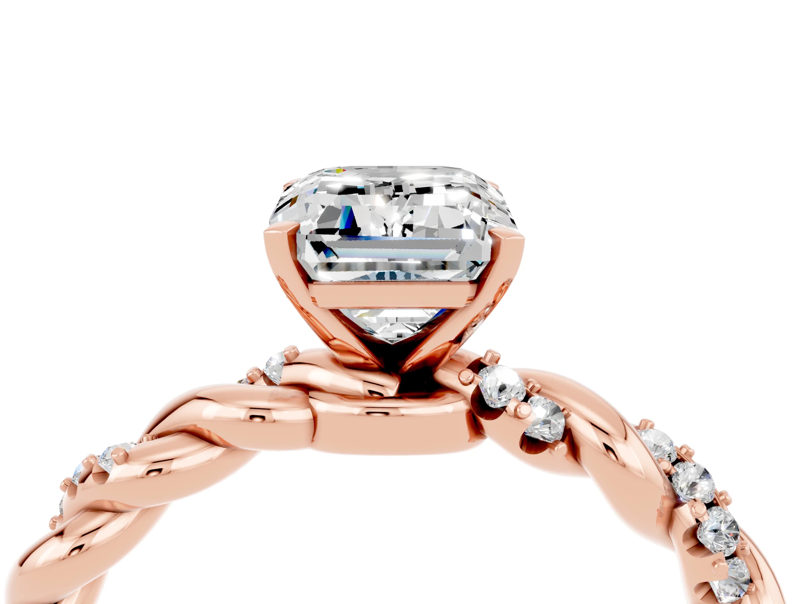 Rose gold Emerald Cut Moissanite Solitaire Ring with Twisted Band and Pavé Accents_4