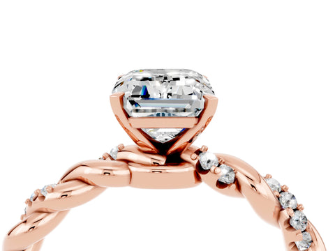 Rose gold Emerald Cut Moissanite Solitaire Ring with Twisted Band and Pavé Accents_4