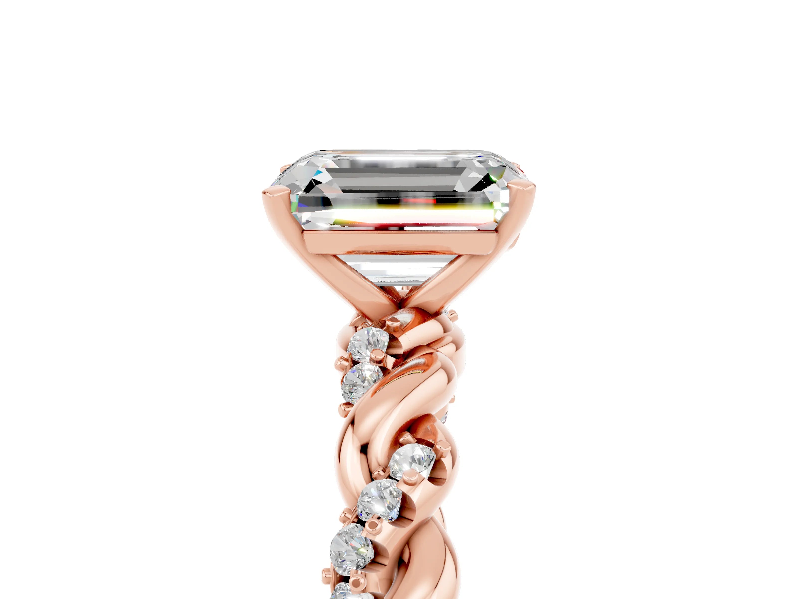 Rose gold Emerald Cut Moissanite Solitaire Ring with Twisted Band and Pavé Accents_5