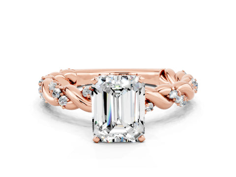 Rose gold Emerald Cut Moissanite Solitaire Ring with Twisted Band and Pavé Accents
