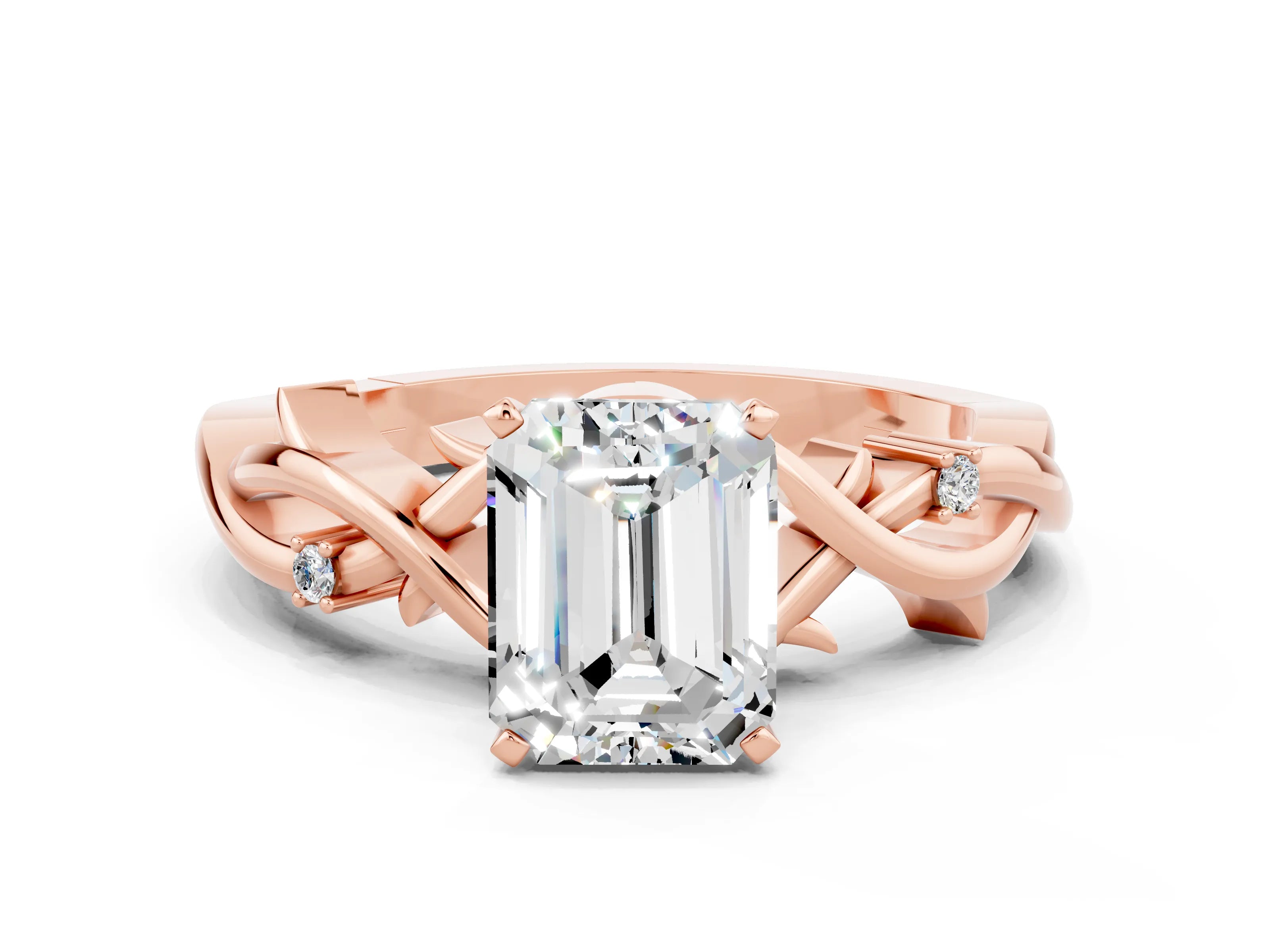 Rose gold Emerald Cut Moissanite Solitaire Ring with Twisted Band and Prong Setting