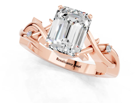 Rose gold Emerald Cut Moissanite Solitaire Ring with Twisted Band and Prong Setting_1