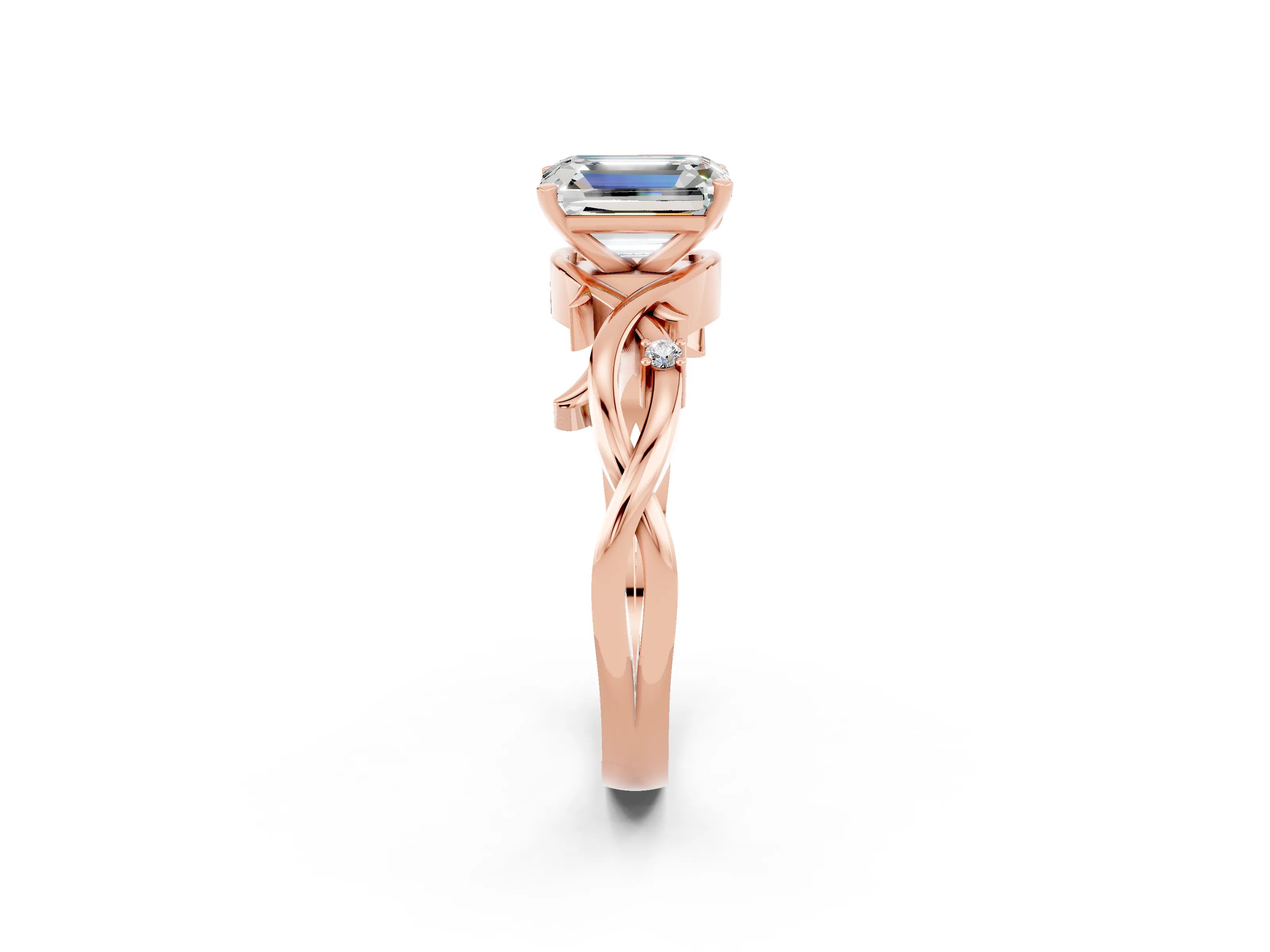 Rose gold Emerald Cut Moissanite Solitaire Ring with Twisted Band and Prong Setting_2