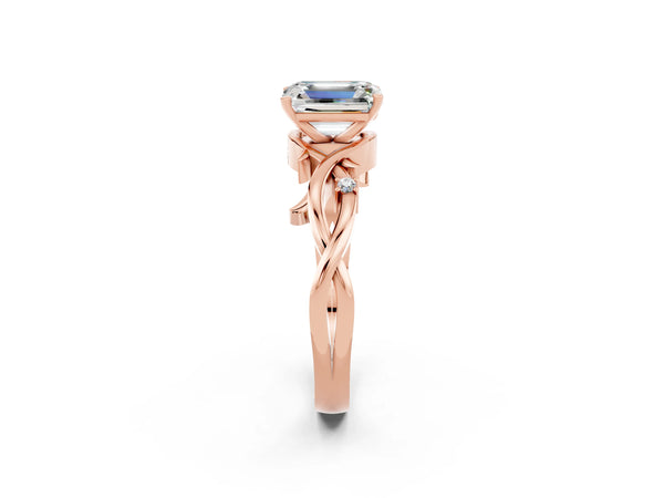 Rose gold Emerald Cut Moissanite Solitaire Ring with Twisted Band and Prong Setting