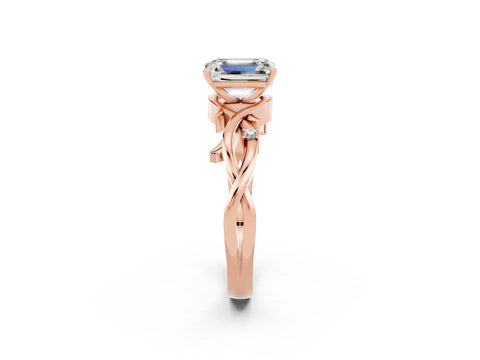 Rose gold Emerald Cut Moissanite Solitaire Ring with Twisted Band and Prong Setting_2