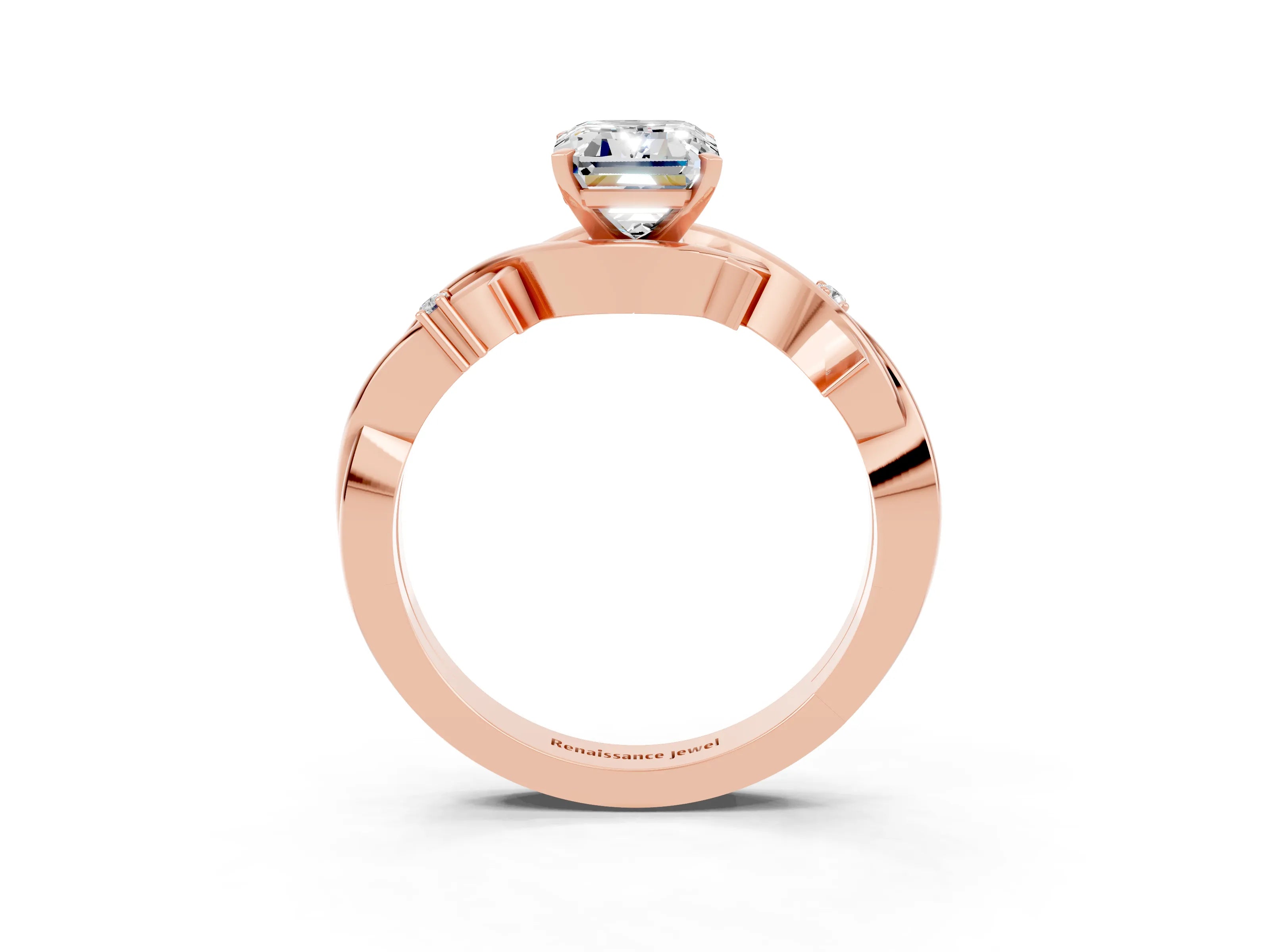Rose gold Emerald Cut Moissanite Solitaire Ring with Twisted Band and Prong Setting_3