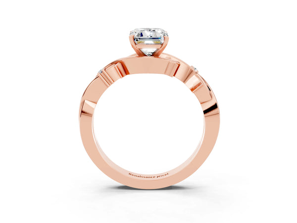 Rose gold Emerald Cut Moissanite Solitaire Ring with Twisted Band and Prong Setting
