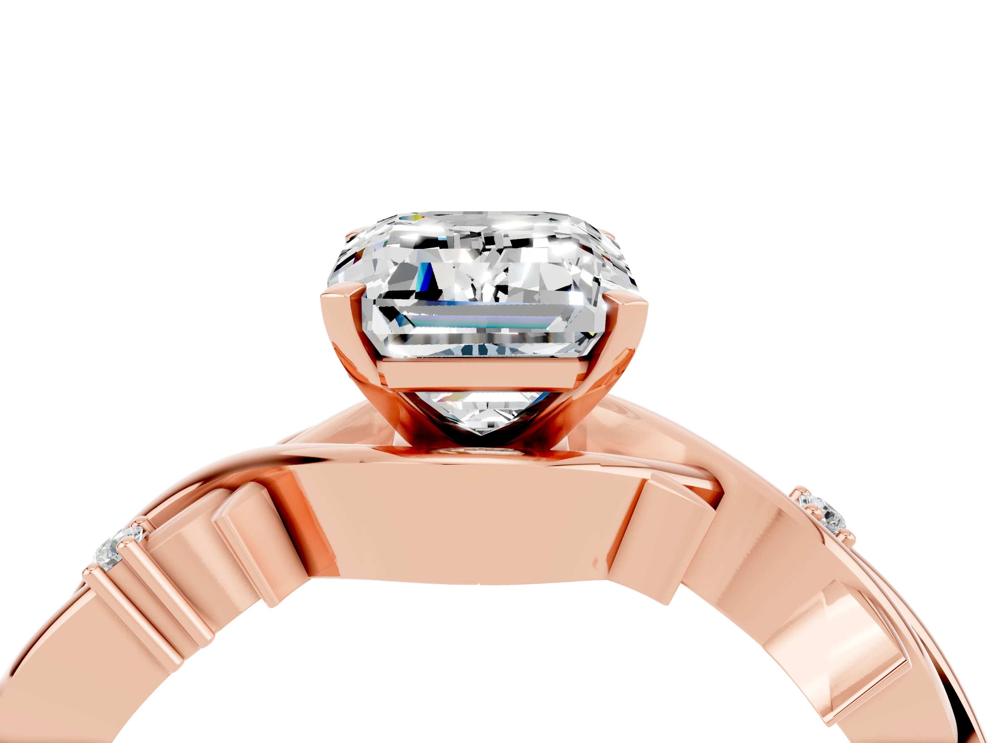 Rose gold Emerald Cut Moissanite Solitaire Ring with Twisted Band and Prong Setting_4