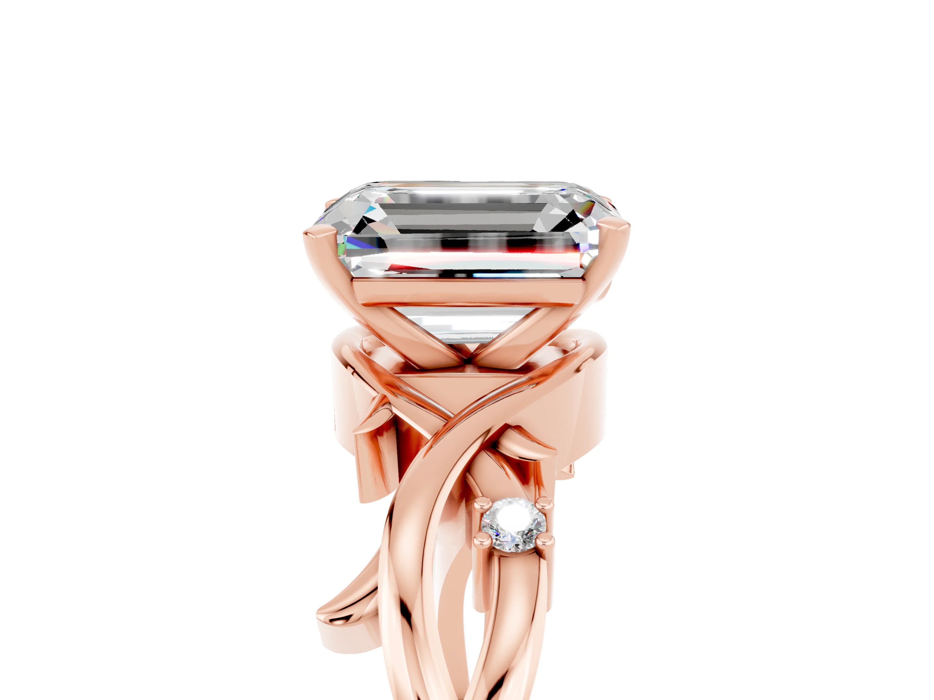 Rose gold Emerald Cut Moissanite Solitaire Ring with Twisted Band and Prong Setting_5