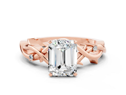Rose gold Emerald Cut Moissanite Solitaire Ring with Twisted Band and Prong Setting