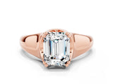Rose gold Emerald Cut Moissanite Solitaire Ring with Wide Band and Prong Setting