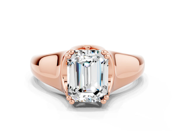 Rose gold Emerald Cut Moissanite Solitaire Ring with Wide Band and Prong Setting