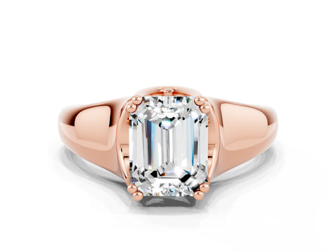 Rose gold Emerald Cut Moissanite Solitaire Ring with Wide Band and Prong Setting