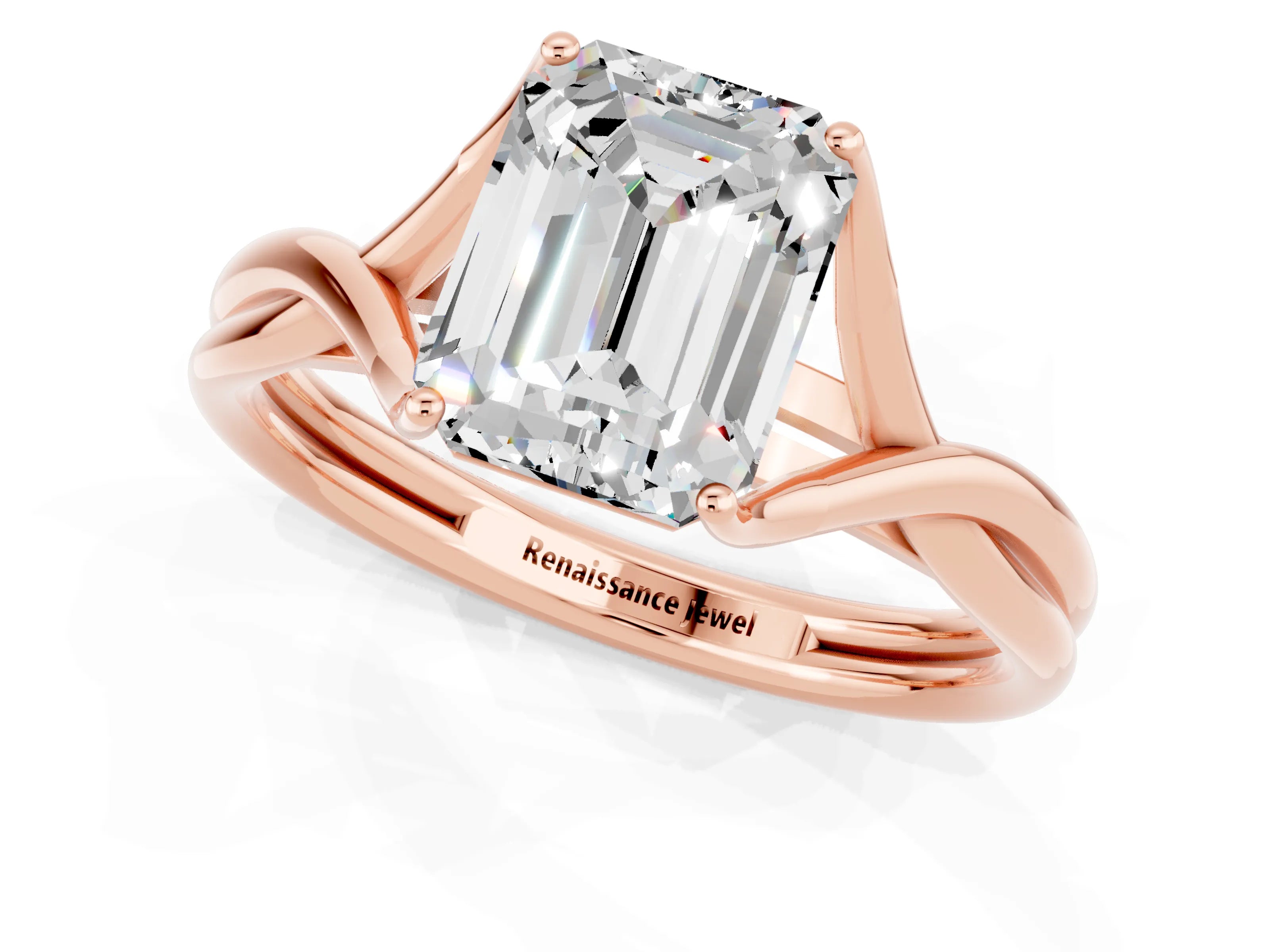 Rose gold Emerald Cut Moissanite Solitaire Twist Band Prong Setting Ring_51